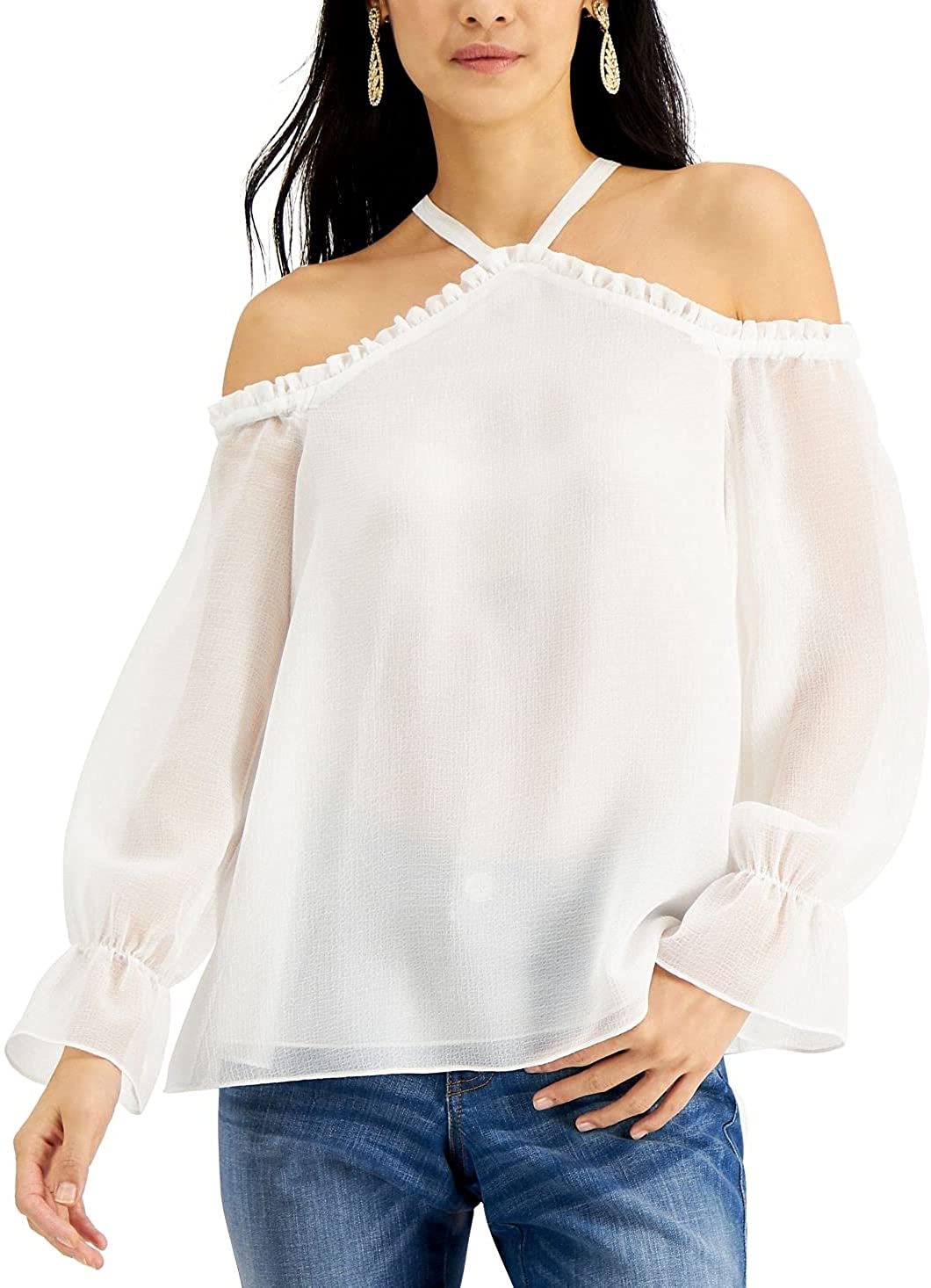 INC International Concepts Women's Solid Cold-Shoulder Top  Washed White Size M