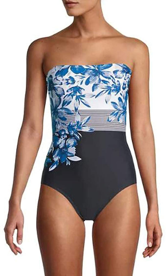 Calvin Klein Classic Bandeau One-Piece Swimsuit  Color Earl Multi Country Club Floral Size 16