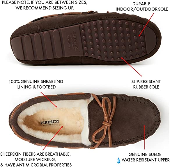 Fireside by Dearfoams Men's Victor Shearling Moccasin with Tie Slipper  Color Coffee Size 11M