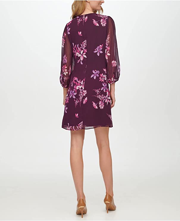 Calvin Klein Floral-Print Pleat-Detail Shift  Color Aubergine Multi Size 14