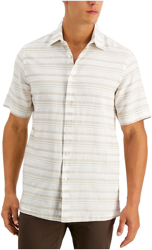 Tasso Elba Men's Corded Striped Linen Short Sleeve Shirt  Color White Combo Size S