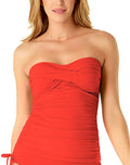 Anne Cole Women's Solid Twist Front Shirred Bandeau Tankini Swim Top Color Coral Size XS