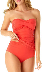 Anne Cole Women's Solid Twist Front Shirred Bandeau Tankini Swim Top Color Coral Size XS
