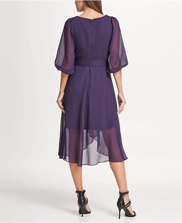 DKNY Women's Chiffon Balloon Sleeve V-Neck Midi Party Dress Color Raisin Size 4