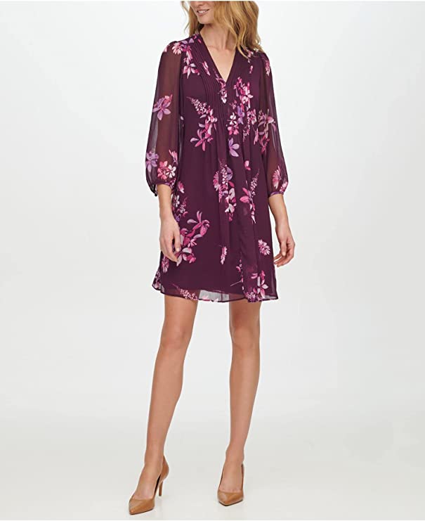Calvin Klein Floral-Print Pleat-Detail Shift  Color Aubergine Multi Size 14