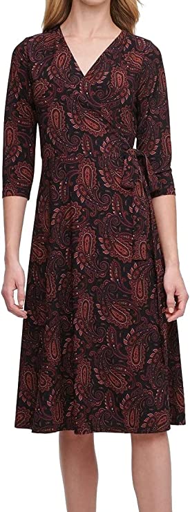 Tommy Hilfiger Paisley-Print Fit Flare Dress  Color Black/Aubergine Size 6