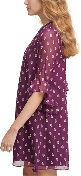 Calvin Klein Dot-Print Ruffle-Sleeve Dress  Color Purple/Gold Size 6