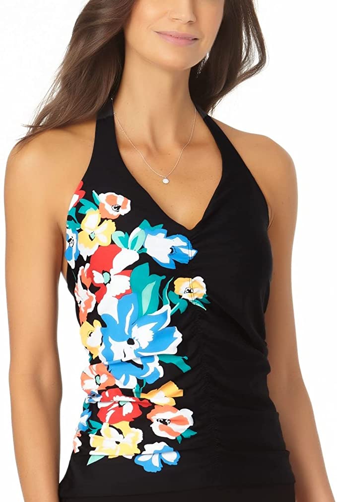 Anne Cole Summer Bunches Shirred Front Halter Tankini Top  Color Black Size S