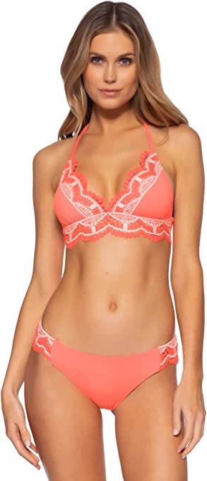 Becca by Rebecca Virtue Avery Crochet Scallop Triangle Bikini Top  Color Coral Size L