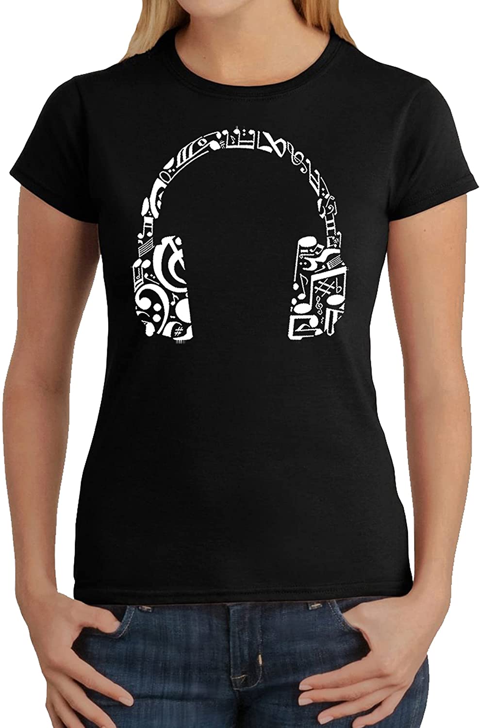 LA POP ART Women's Word Art Music Note Headphones T-Shirt  Color Black Size S