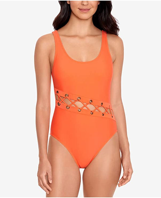 SALT + COVE Women's Stretch Lace-Up Grommets Lined 1-Piece Swimsuit   Color Orange Size M