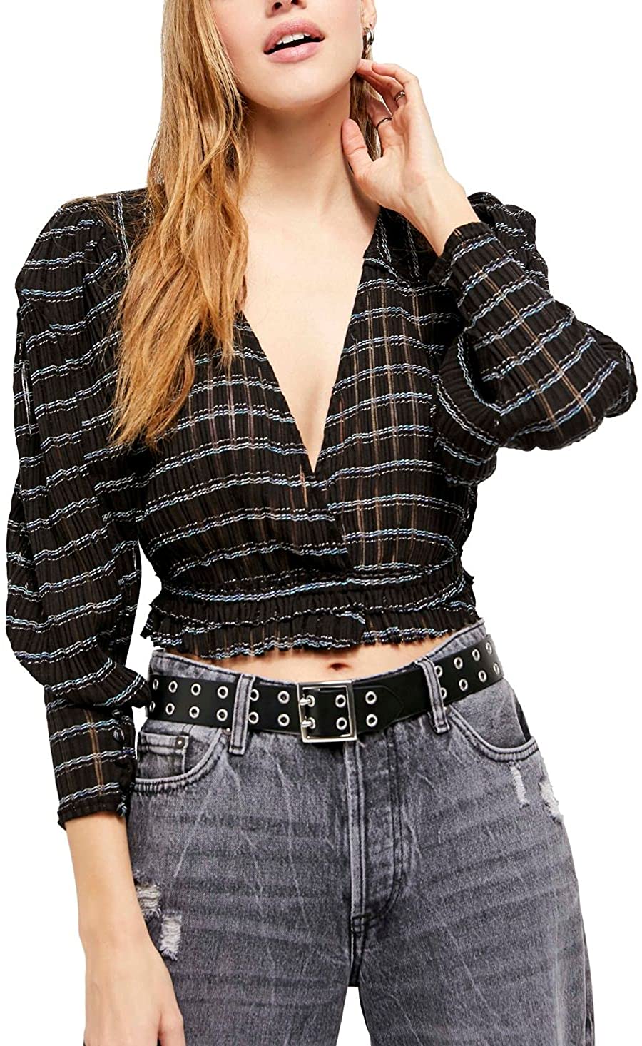Free People Women’s Girlfriend Top  Black Combo Size XS