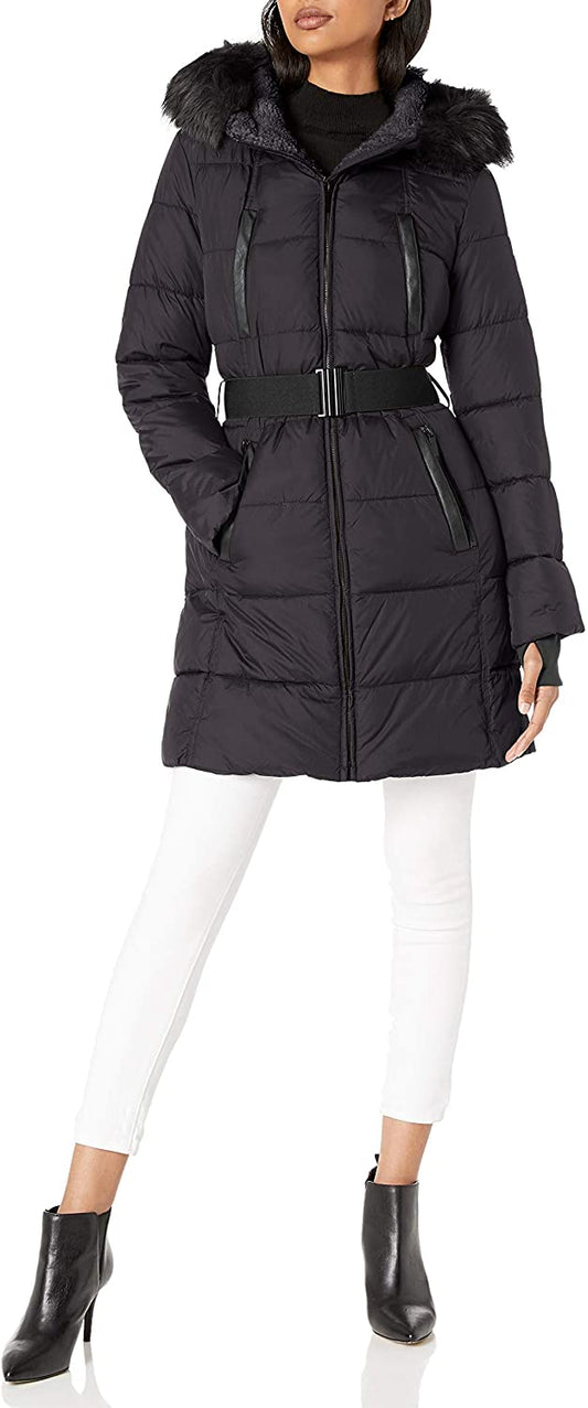 French Connection Women's Belted Zip-Front Puffer w/ Faux-Fur Hood  F37179-X9 Size M