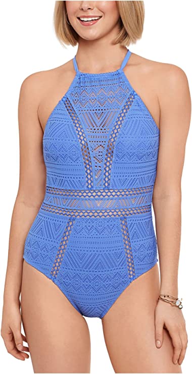 SALT + COVE Women's Stretch High Neck One Piece Swimsuit  Color Blue Size S