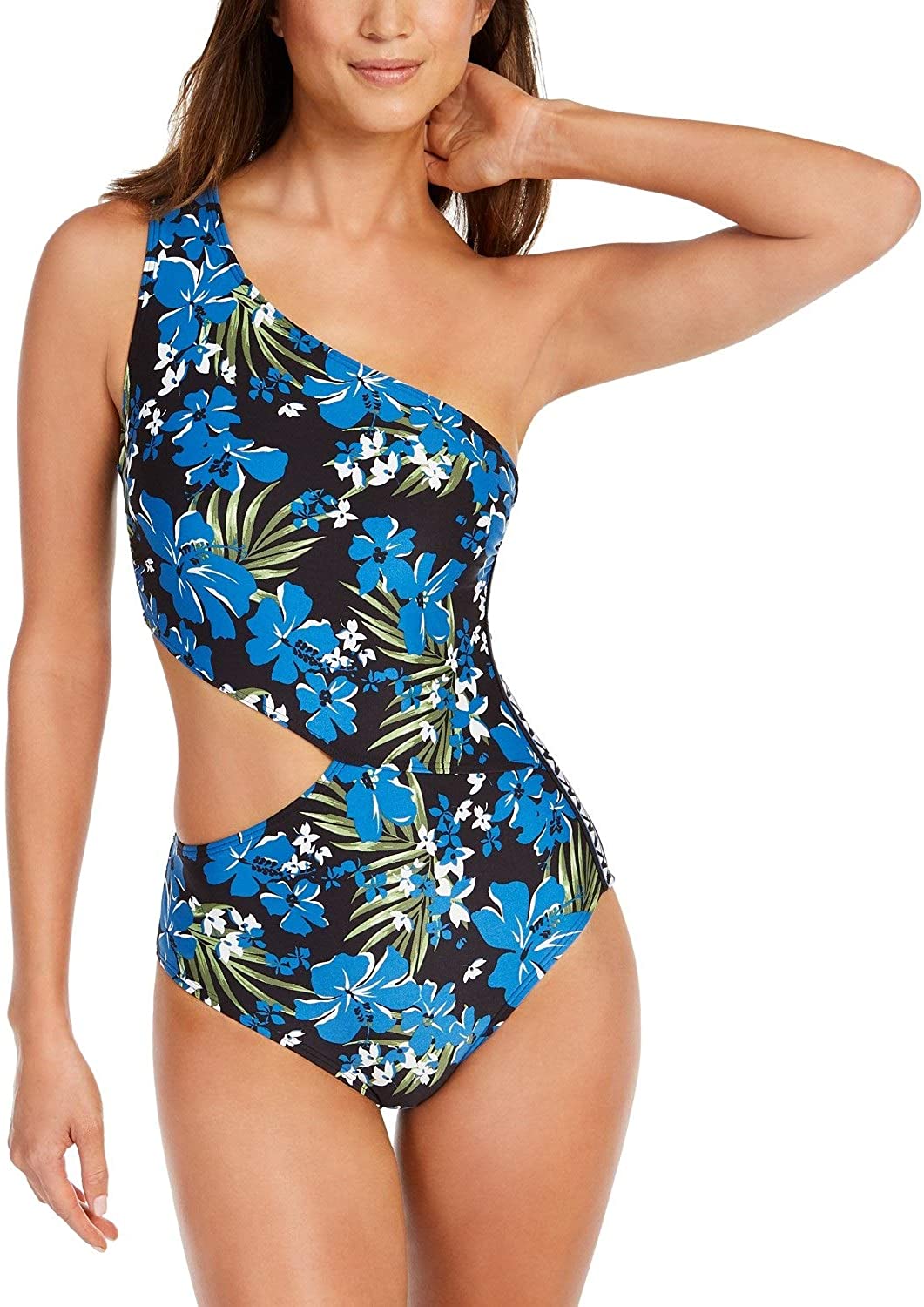 Michael Kors Women's One-Shoulder Logo Cut-Out One-Piece Swimsuit  Color Black Multi  Size 14