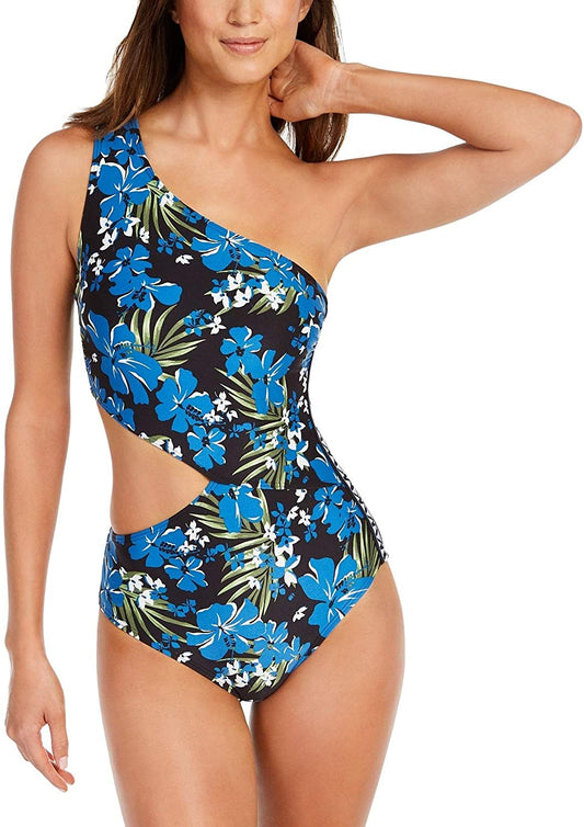 Michael Kors Women's One-Shoulder Logo Cut-Out One-Piece Swimsuit  Color Black Multi  Size 14