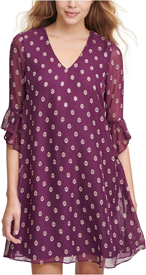 Calvin Klein Dot-Print Ruffle-Sleeve Dress  Color Purple/Gold Size 6