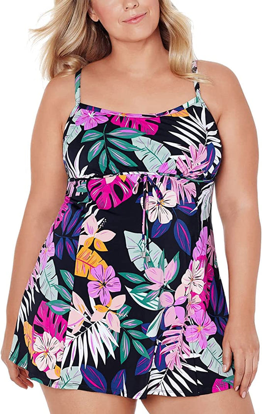 Swim Solutions Plus Size Floral-Print Empire Swimdress  Color Floral Black Size 18W