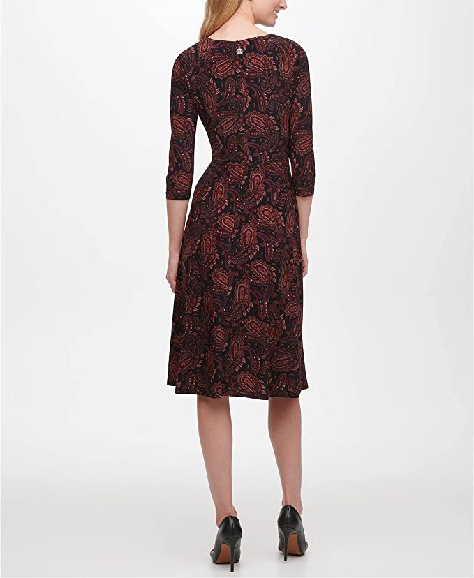 Tommy Hilfiger Paisley-Print Fit Flare Dress  Color Black/Aubergine Size 6