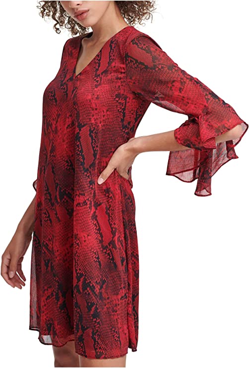 Calvin Klein Snake-Embossed A-Line Dress  Color Rouge Multi Size 4