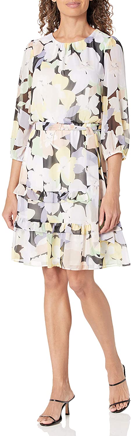 Calvin Klein Women's Printe Long Sleeve Dress with Belt and Teirs  Style M0KBZ972 Size S