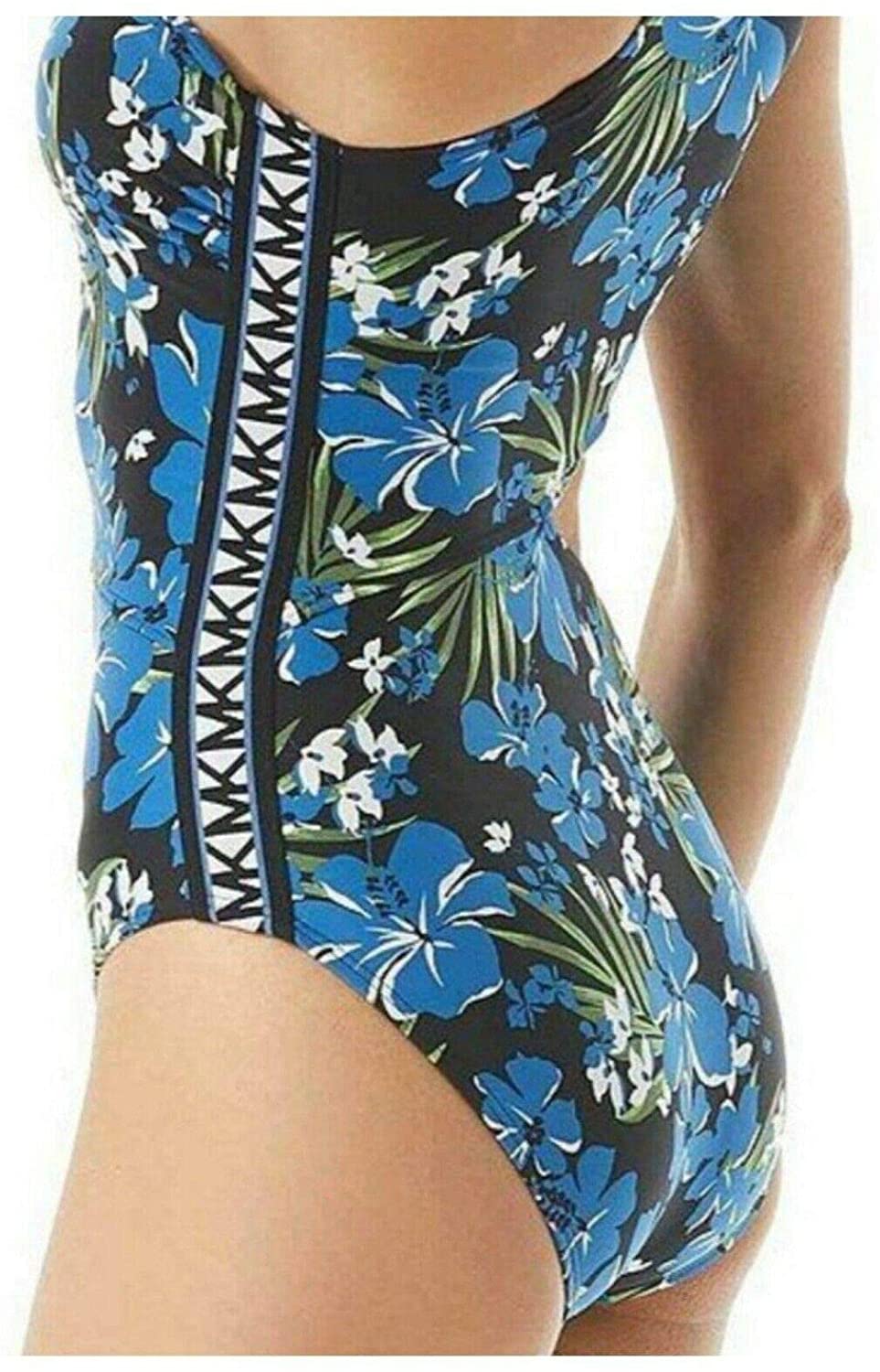 Michael Kors Women's One-Shoulder Logo Cut-Out One-Piece Swimsuit  Color Black Multi  Size 14
