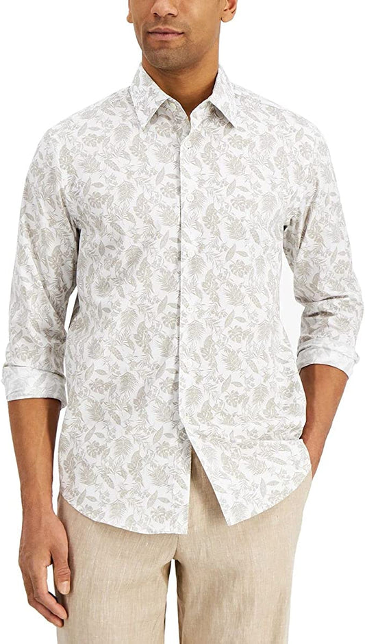 Tasso Elba Men's Leaf-Print Button-Front Shirt  Color White Size L