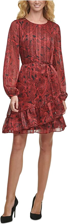 Tommy Hilfiger Women's Metallic Ruffled Fit & Flare Dress  Color Red Scarlet Size 12