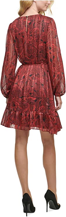 Tommy Hilfiger Women's Metallic Ruffled Fit & Flare Dress  Color Red Scarlet Size 12