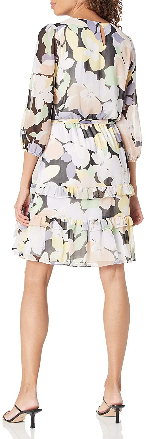 Calvin Klein Women's Printe Long Sleeve Dress with Belt and Teirs  Style M0KBZ972 Size S
