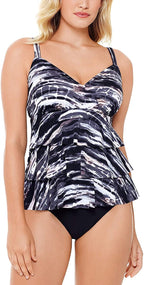 Swim Solutions Women's Coastal Plates Printed Tiered Tummy-Control One-Piece Swimsuit  Color Black/Gray Size 10