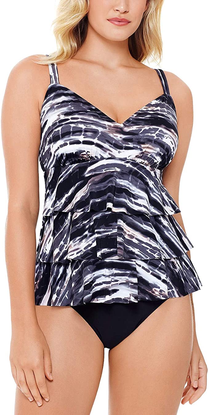 Swim Solutions Women's Coastal Plates Printed Tiered Tummy-Control One-Piece Swimsuit  Color Black/Gray Size 10