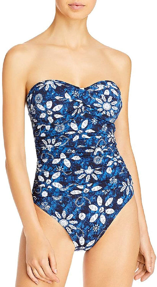 Bleu Rod Beattie Take A Dip Shirred Bandeau Mio One-Piece  Color Navy/Multi Size 10