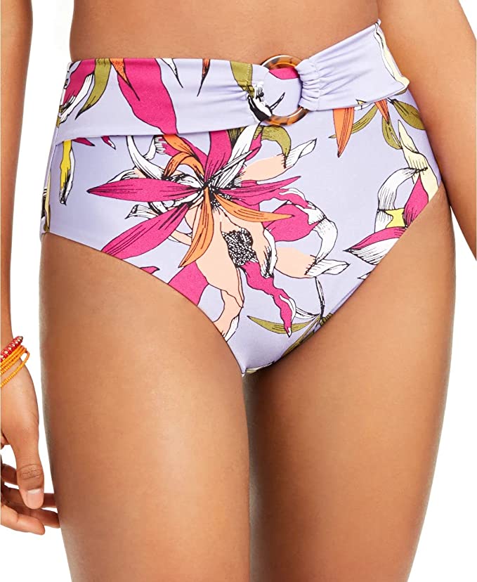 Bar III Women's High-Waist Ring Bikini Bottoms  Color Purple Size L