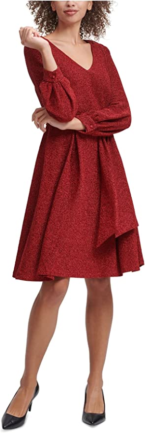 Calvin Klein Women's Metallic Belted Dress  Color Red/Black Size 10