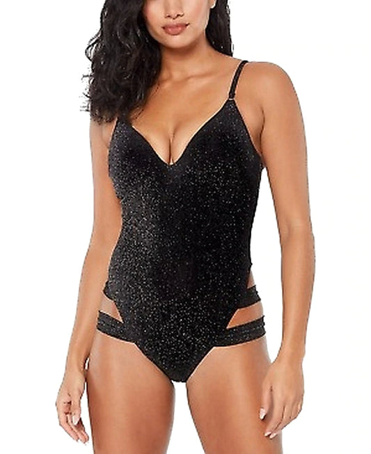 Bar III Shimmer Strappy-Leg One-Piece Swimsuit  Color Black Size L