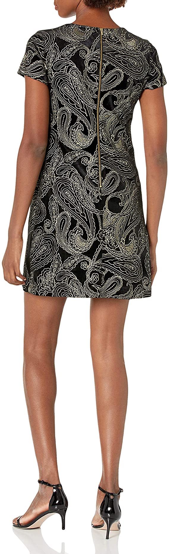 Calvin Klein Women's Short Sleeve Velvet Embroidered Shift Dress  Color Black/Gold Size 2