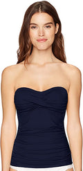 Anne Cole Women's Solid Twist Front Shirred Bandeau Tankini Swim Top Color Navy Size XS