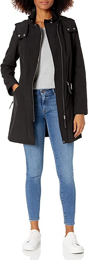 Calvin Klein Women's Asymmetric Hooded Softshell Coat  Color Black