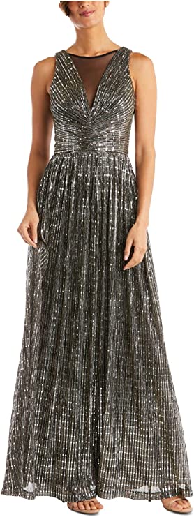 Nightway Womens Full Coverage Metallic Illusion Gown    Color Black/Silver Size 10
