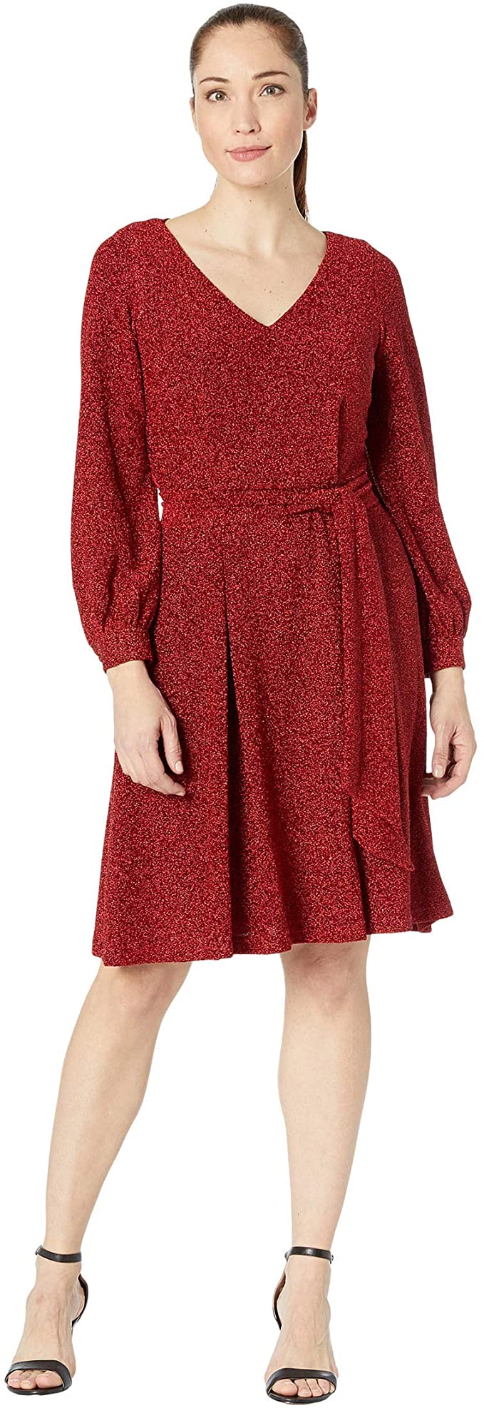 Calvin Klein Women’s Glitter Jersey Belted Dress with V-Neck  Color Red/Black Size 10