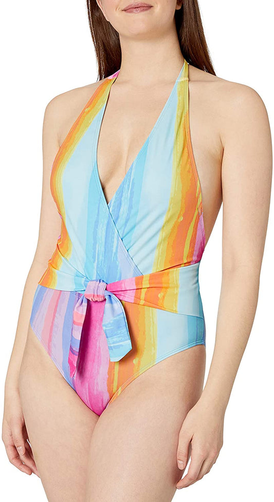 Rachel Roy Women's Wrap Front Belted One Piece Swimsuit  Multicolor Size L