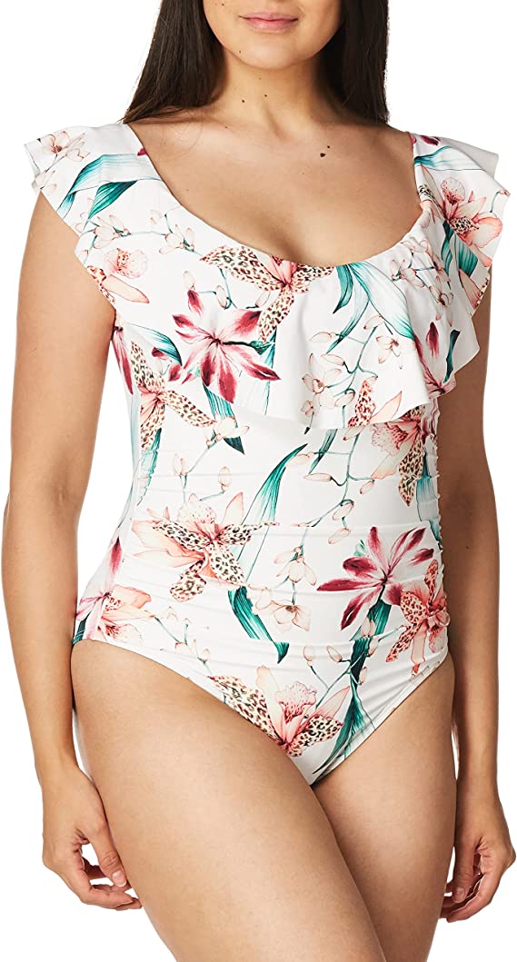 La Blanca Off Shoulder Ruffle One Piece Swimsuit  Color: White//Flyaway Orchid Size 12