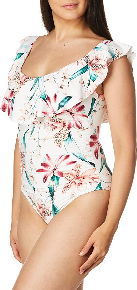 La Blanca Off Shoulder Ruffle One Piece Swimsuit  Color: White//Flyaway Orchid Size 12