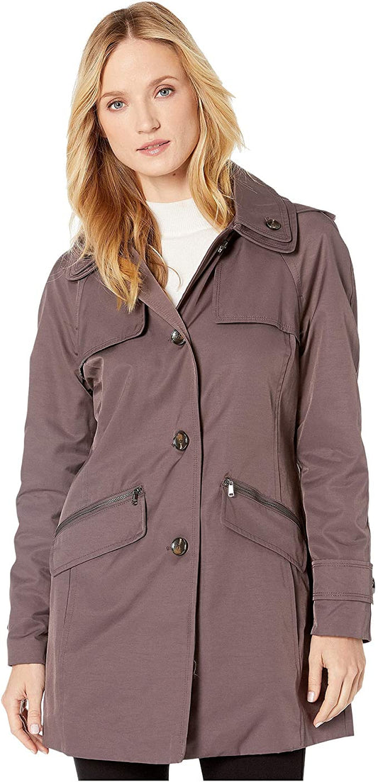 LONDON FOG Women’s Double-Collar Hooded Water-Resistant Raincoat  L722564T74 Size L