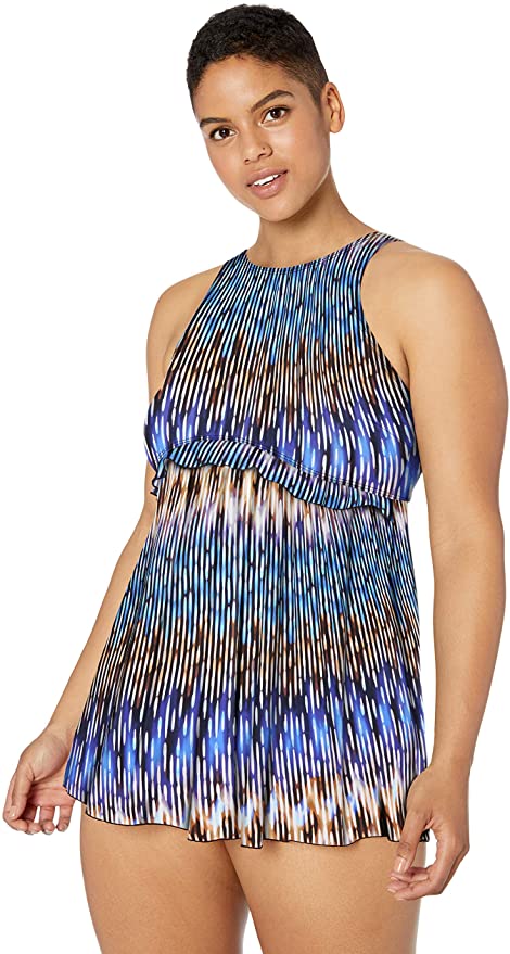 Fit 4 U Women's Plus Size High Neck Baby Doll Swim Dress  Multicolor Size 16W