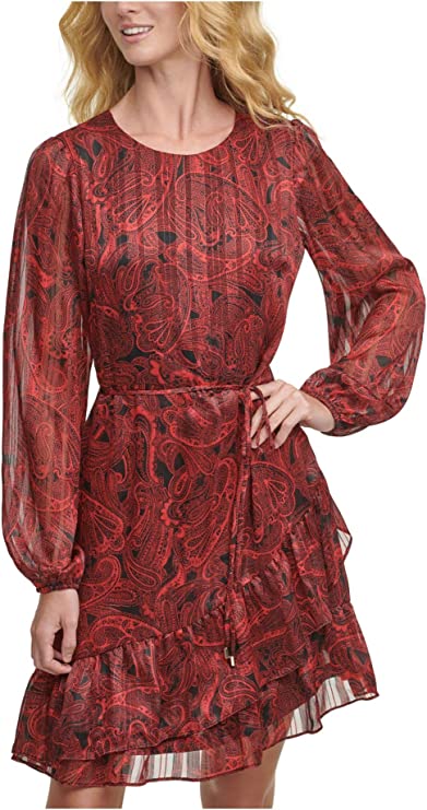 Tommy Hilfiger Women's Metallic Ruffled Fit & Flare Dress  Color Red Scarlet Size 12