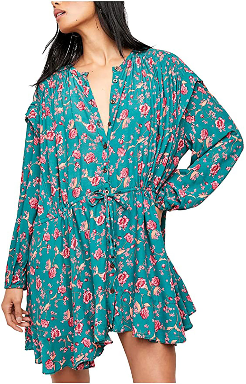 Free People Women’s Floral Long Sleeve Short Shirt Dress  OB1231677