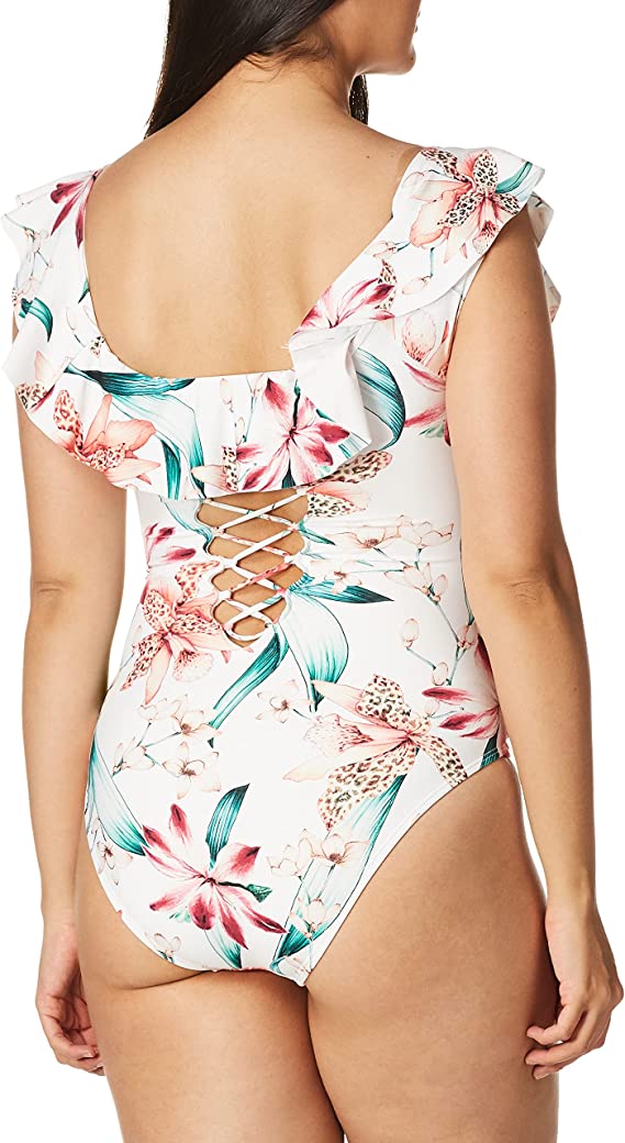 La Blanca Off Shoulder Ruffle One Piece Swimsuit  Color: White//Flyaway Orchid Size 12