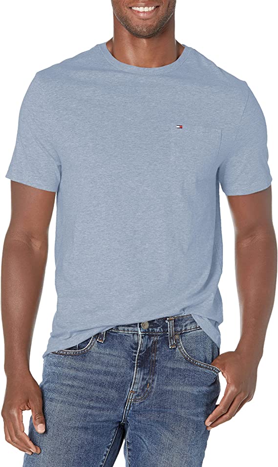 Tommy Hilfiger Men's Essential Short Sleeve Cotton Crewneck Pocket T-Shirt  Color Malaga Blue Heather Size XS
